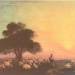Flock of sheep with herdsmen, sunset